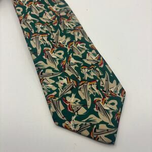 Vintage Jim Levy Robert Talbott Mens Silk Tie Green Sailboat Novelty Print USA